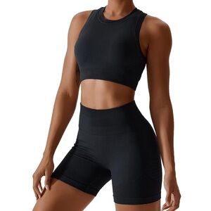 Women 2 Piece Seamless Ribbed Black Tank Top Sport Bra High Waist Biker Shorts